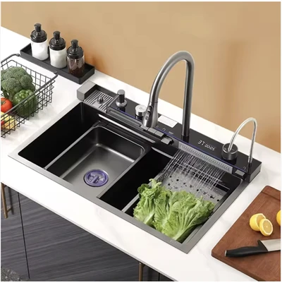 Display a LED multifunzionale Lavello da cucina Sottopiano in acciaio inossidabile Tasto di pianoforte Cascata Rondella per tazza Anti- Rubinetto da cucina antigraffio